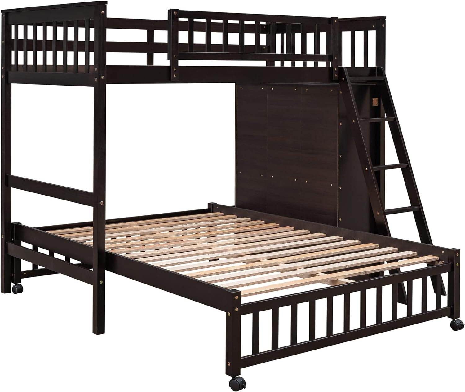 Twin over Full Bunk Bed with Storage, Solid Wood Bunk Bed with 6 Drawers and 3 Flexible Shelves, Twin Loft Bed with Movable Lower Bed, Bottom Bed with Wheels, for Kids Teens Adults (Espresso) - Loft&Timber