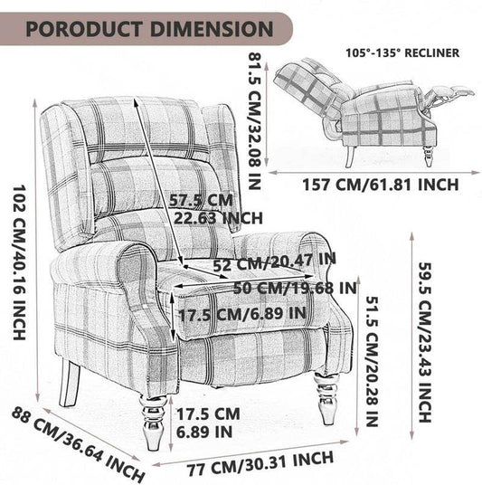 Upholstered Wingback Recliner Chair, Plaid Recliner Chair Armchair Adjustable Footrest Push Back Reclining Sofa, Mid-Century Modern Lounge Armchair for Living Room, Bedroom, Reading -- Green - Loft&Timber