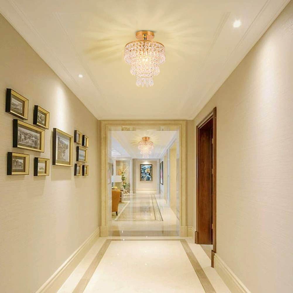 Mini Size Crystal Chandelier Modern Flush Mount Ceiling Light 3 Tiers Raindrops Crystal Pendant Lighting Fixture Decoration for Bedroom Hallway Living Room,E26 Base,Gold - Loft&Timber