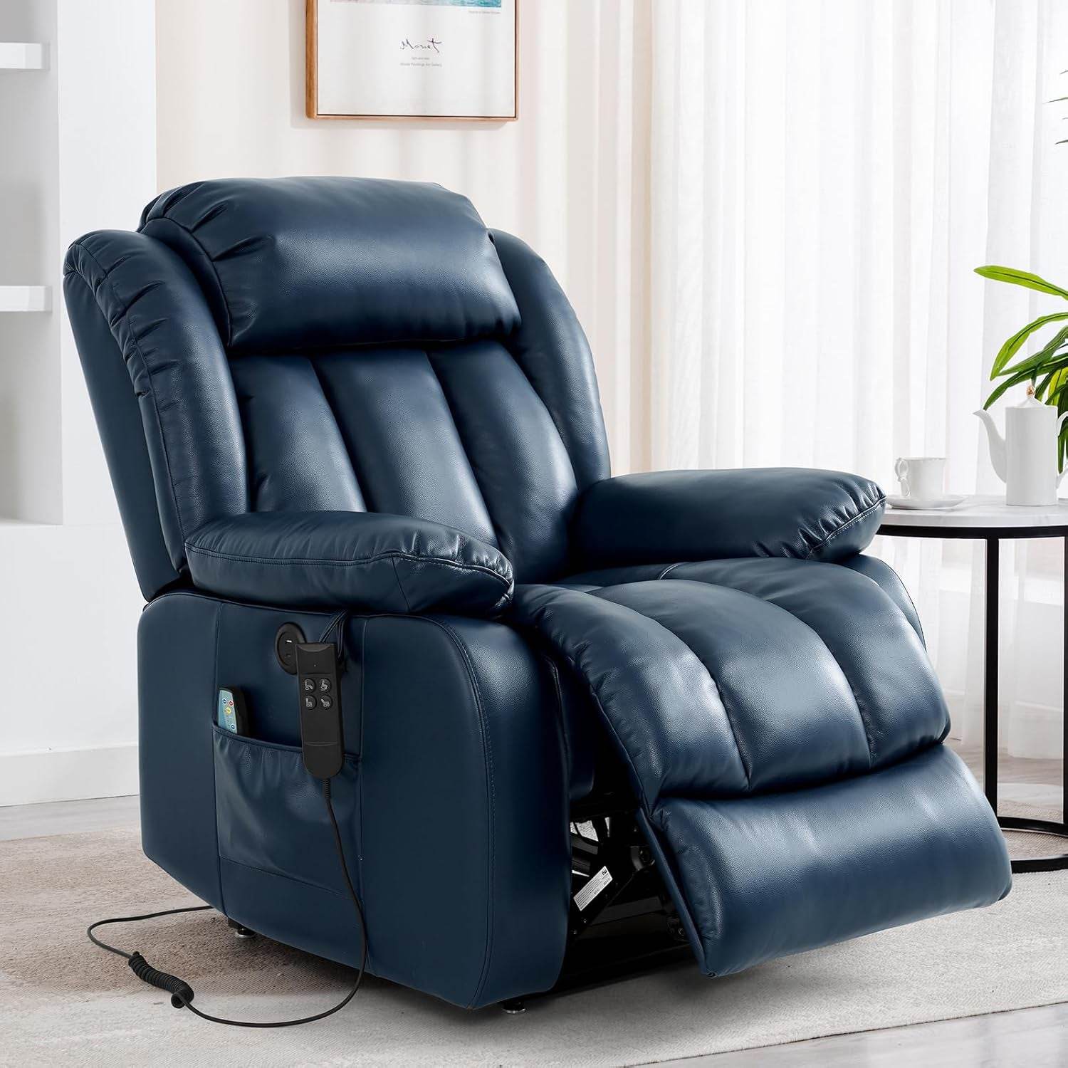 Dual Motor Large Power Lift Recliner Chair Recliners for Elderly, Infinite Position Recliner Chair with Heat and Massage, Breathable Leather(Dark Blue) - Loft&Timber