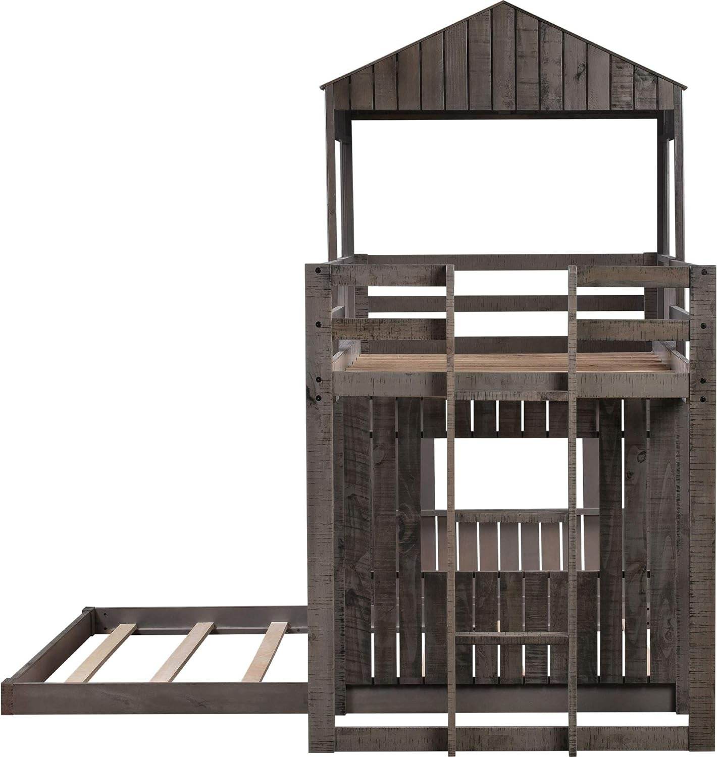 House Bunk Beds Twin over Full Size, Wood Bunk Beds with Roof and Window (Distressed Grey, Twin over Full) - Loft&Timber