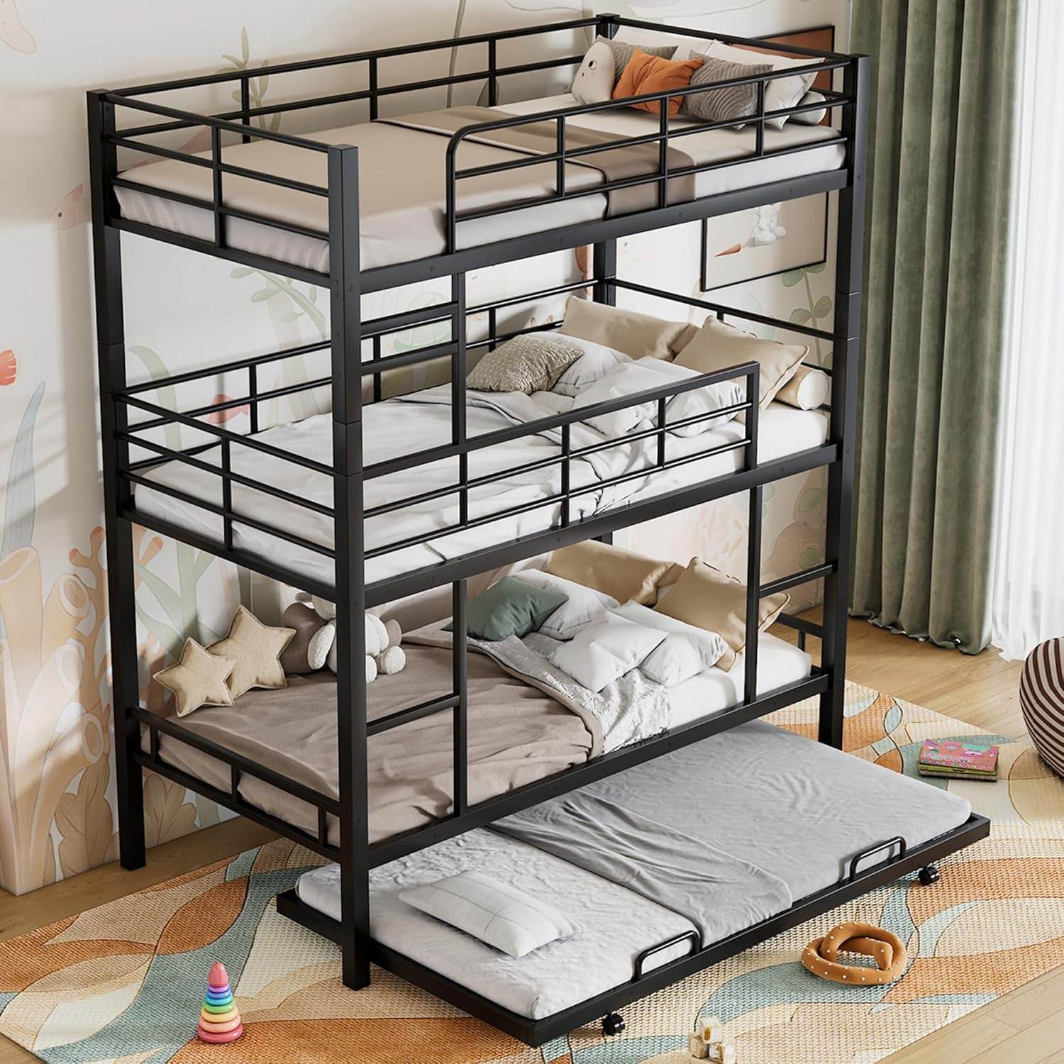 Metal Twin Size Triple Bunk Bed with Trundle for 4, Bunk Beds with 2 Ladders & Guardrails, Convertible to 3 Separate Beds for Kids Teens, Space-Saving, Black - Loft&Timber