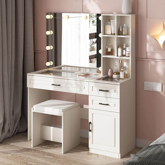 White Vanity Desk with Lighted Mirror - Loft&Timber