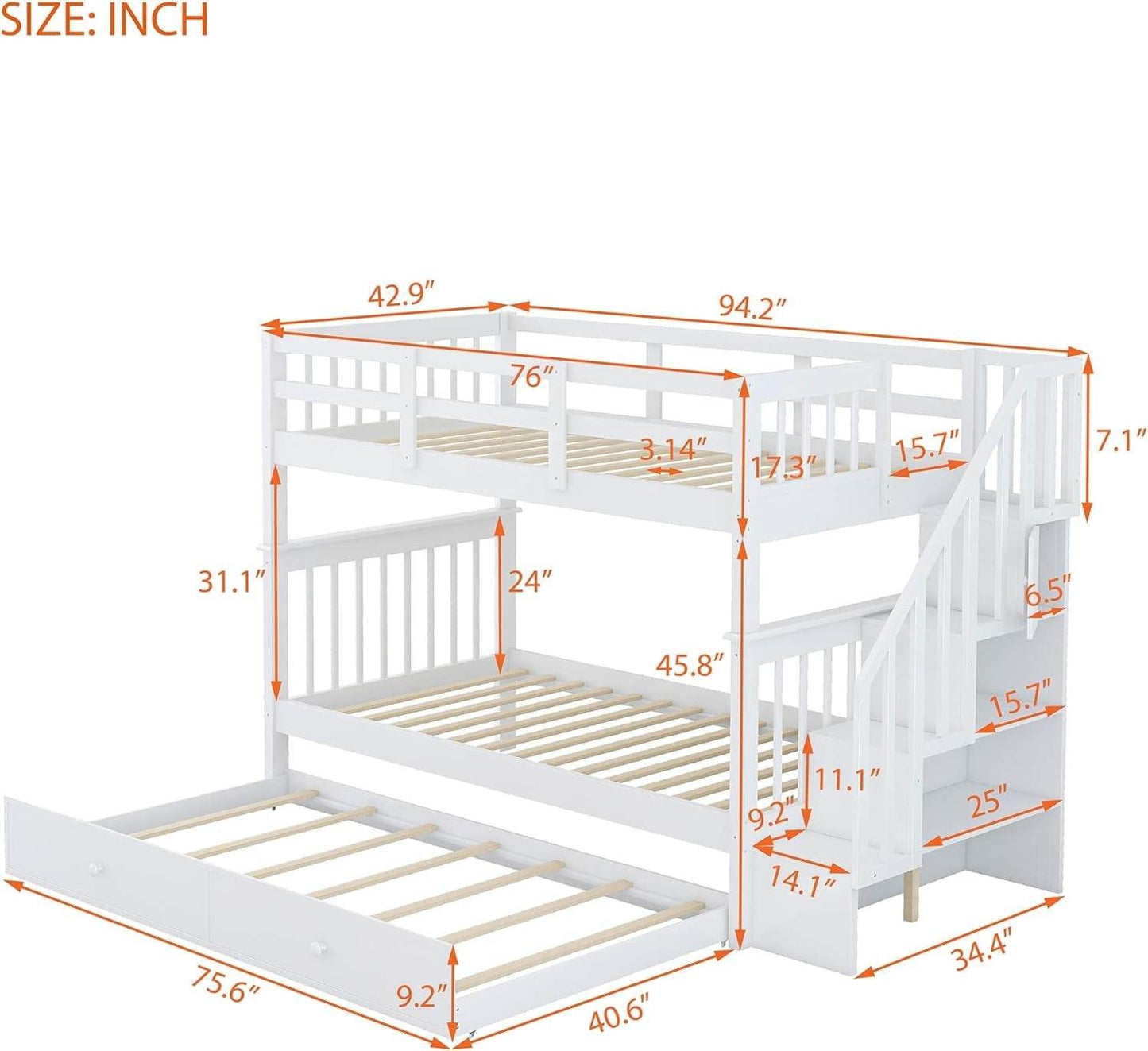 Twin over Twin Bunk Bed with Stairs and Trundle, Solid Wood Stairway Bunk Bed Frame with Storage, for Kids Teens Adults – White - Loft&Timber