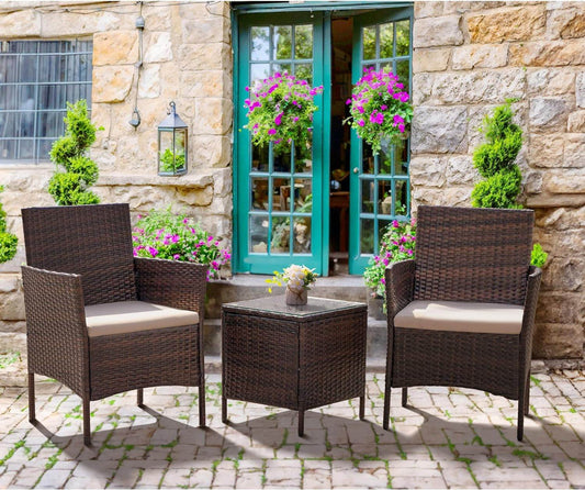Patio Furniture Set 3 Pieces All-Weather Rattan Outdoor Furniture Patio Chairs with Tempered Glass Table for Porch Bistro Balcony (Brown/Cream) - Loft&Timber