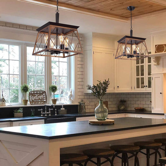 Farmhouse Rustic Chandeliers,Antique Geometric Industrial Hanging Light Bronze 4 Lights for Dining Room Kitchen Island Entryway Foyer Restaurant UL Listed-0