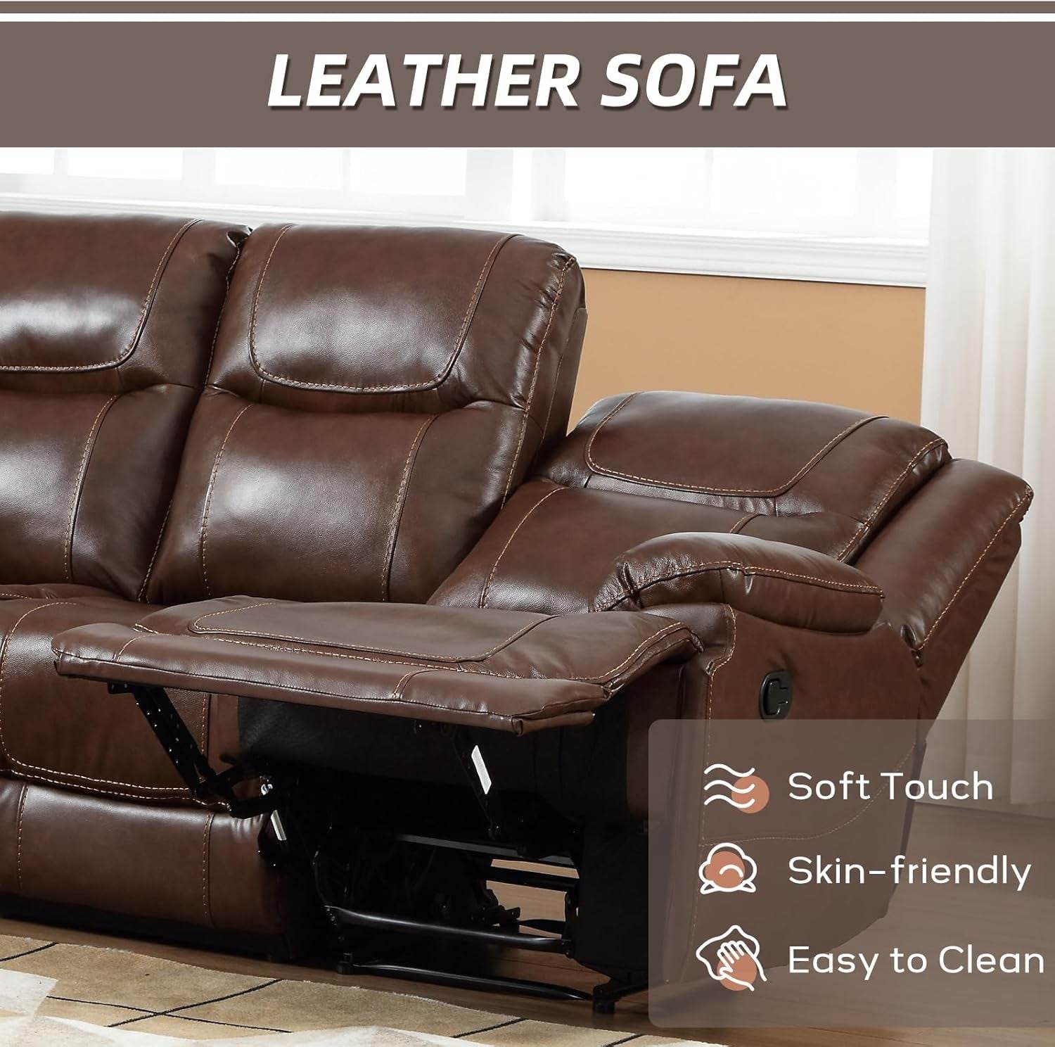 Genuine Leather Manual Recliner Sofa Set, Recliner Chair, Loveseat Reclining Sofa and 3 Seat Recliner Sofa, Couch Furniture Set for Living Room, Meeting Room, Brown(Recliner+Loveseat+Sofa) - Loft&Timber