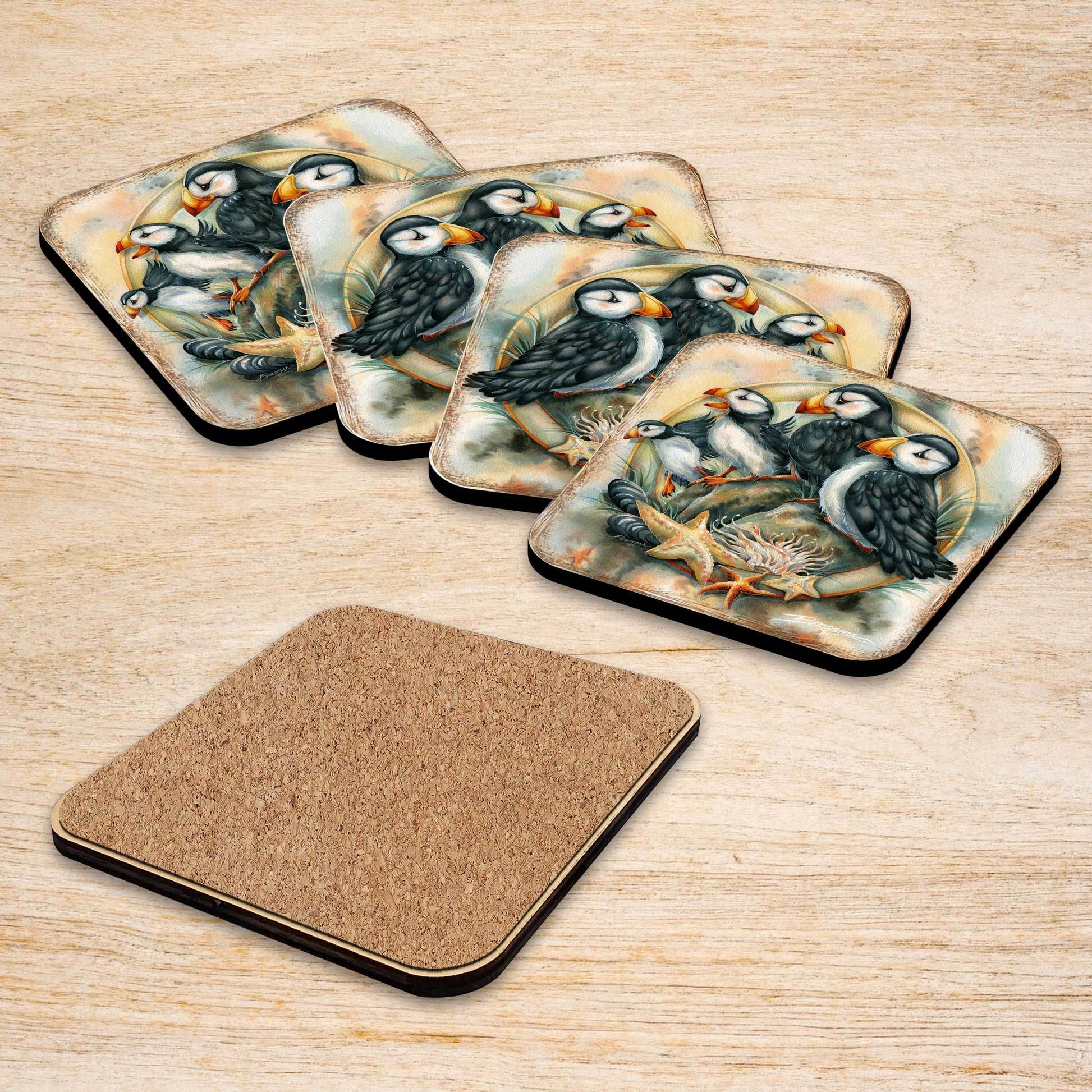 Puffins Wooden Cork Coasters Gift Set of 4 by J. Bergsma - Wildlife Decor - 8199462C-S4 - Loft&Timber
