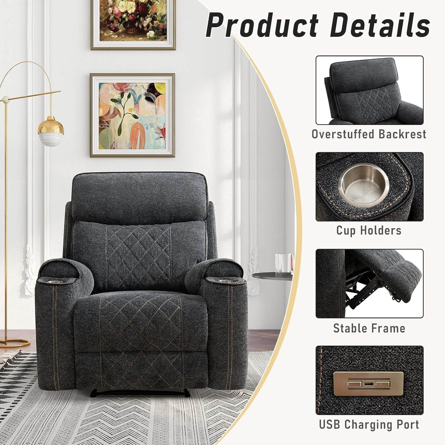 Electric Recliner Chair, Soft Fabric Power Recliner - Loft&Timber
