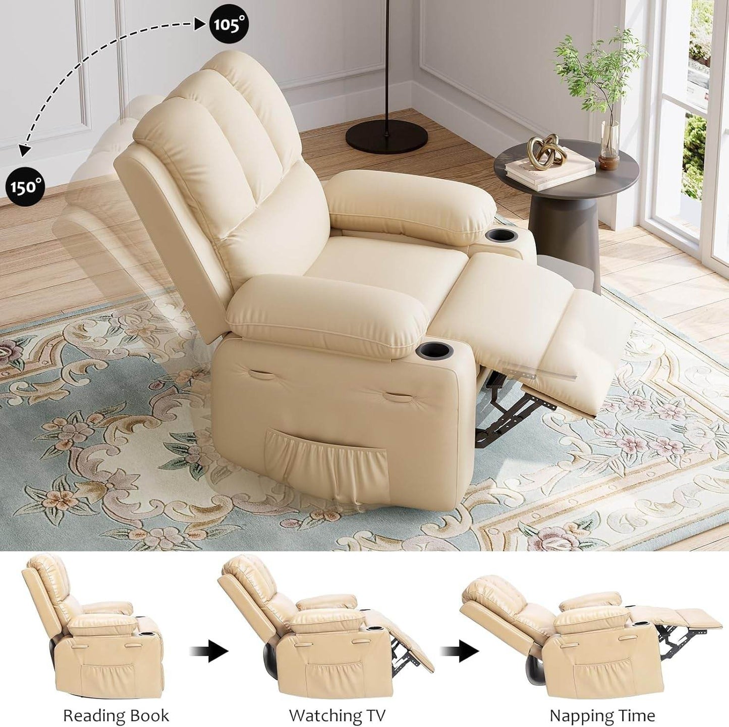 Leather Recliner Chair, Manual Recliner W/Comfortable Arms and Cup Holders for Living Room CF8011 - Beige, Medium - Loft&Timber