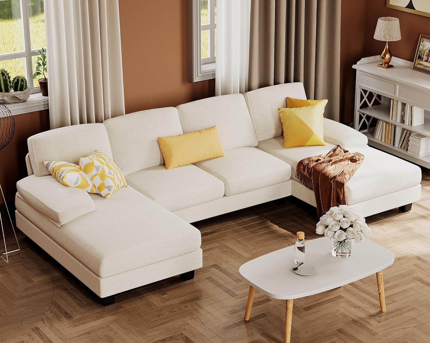 Sectional Couches, 4 Seat Sofa Set with Double Chaise for Apartment (Fabric, White) - Loft&Timber