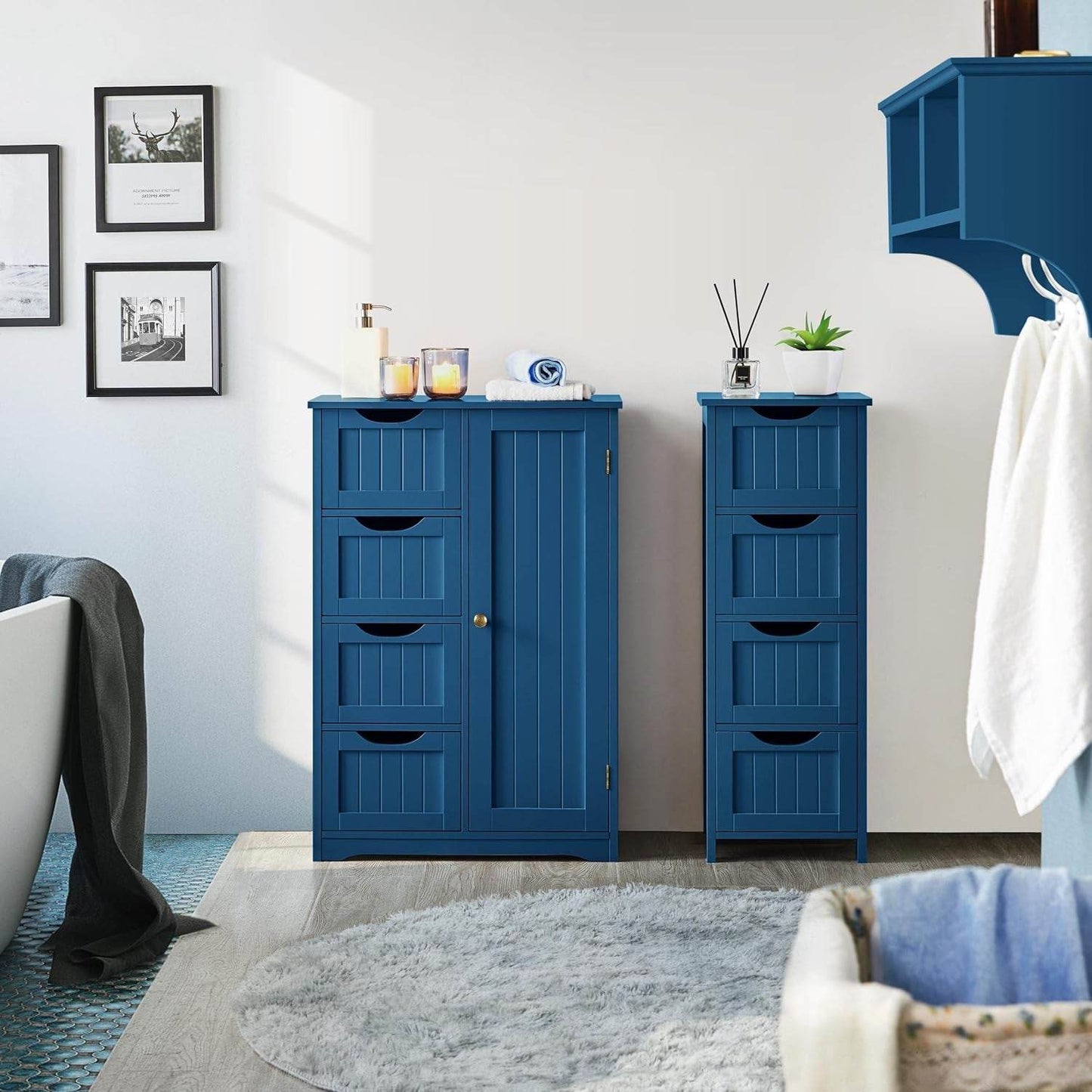 Wooden Bathroom Floor Cabinet, Side Storage Organizer Cabinet with 4 Drawers and 1 Cupboard, Freestanding Entryway Storage Unit Console Table, Bathroom Furniture Home Decor, Navy Blue - Loft&Timber
