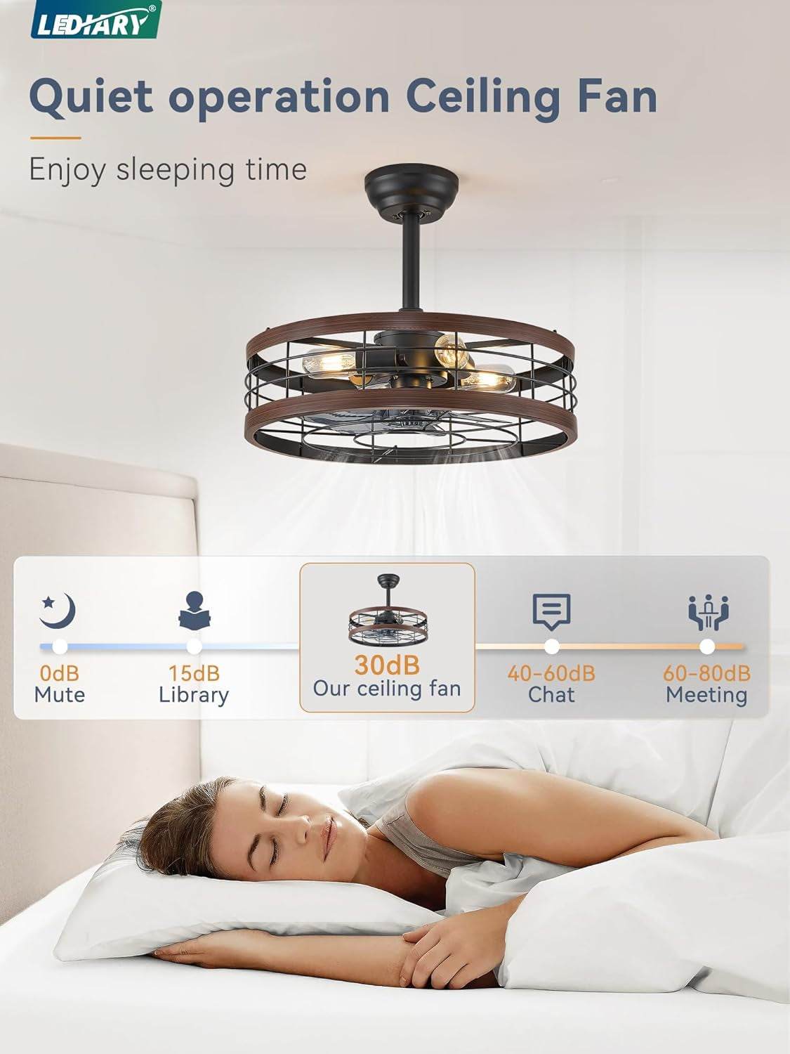 20 Inch Fandelier Caged Ceiling Fan with Light, Bladeless Ceiling Fan with Remote, Farmhouse Fan Lights Ceiling Fixtures for Kitchen, Bedroom, Outdoor(6 Speed, Timing) - Walnut - Loft&Timber