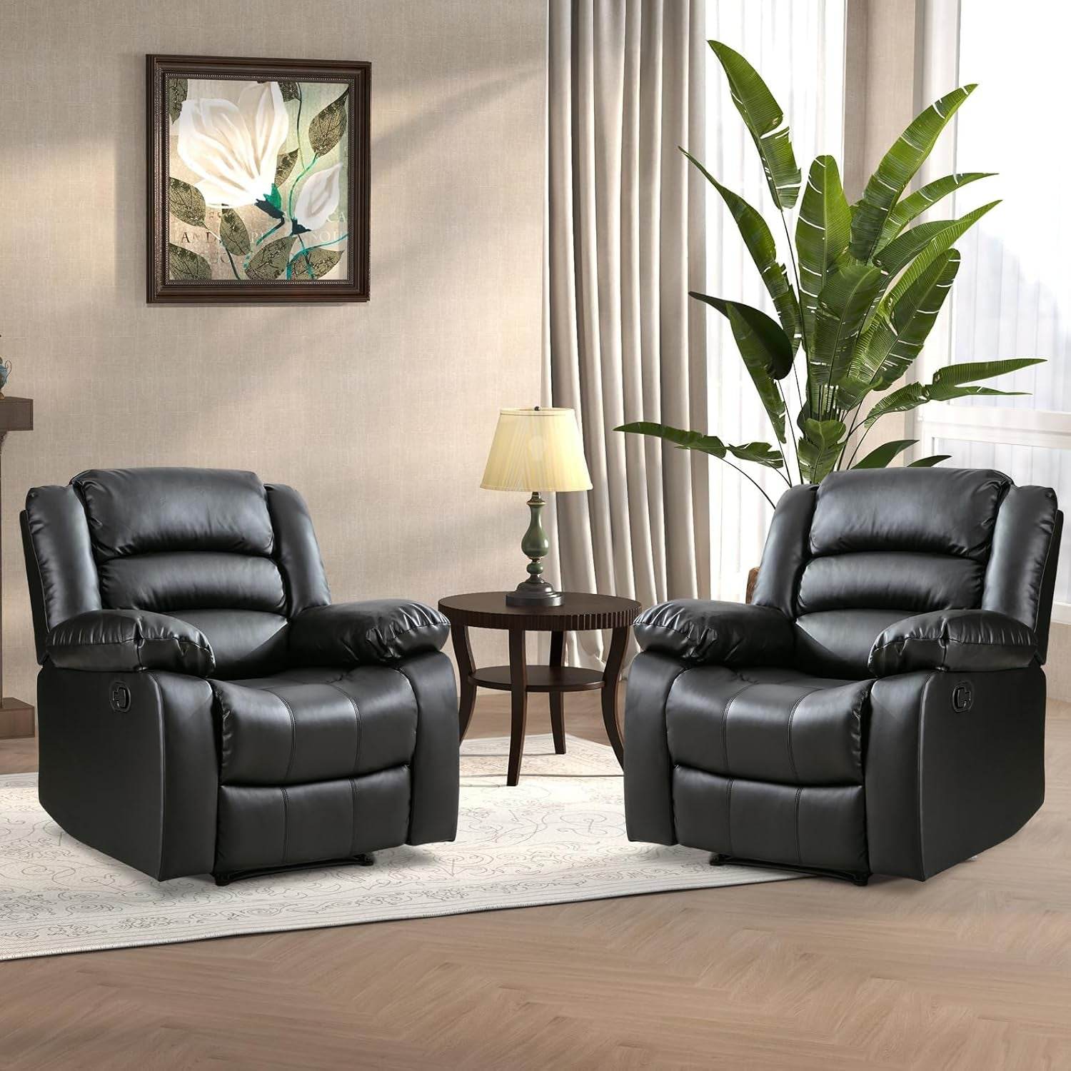 Black Recliner Chair Set of 2, with Overstuffed Arm and Back - Loft&Timber