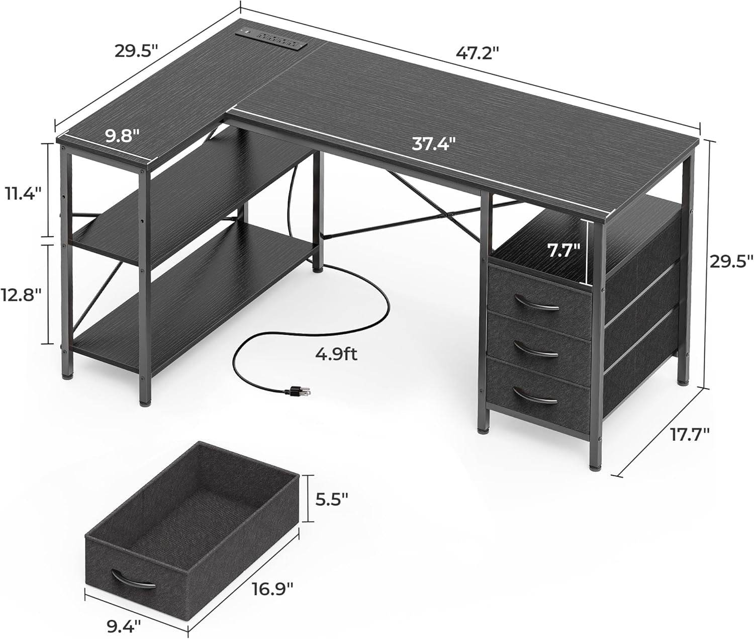 L Shaped Desk with Power Outlets in Black - Loft&Timber