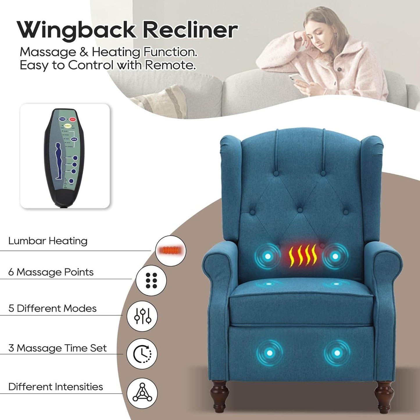 Wingback Recliner Chair with Massage and Heat Tufted Fabric Push Back Recliner Chair for Living Room Vintage Recliner Chair with Remote Control, Padded Cushion, Backrest, Wooden Legs - Loft&Timber
