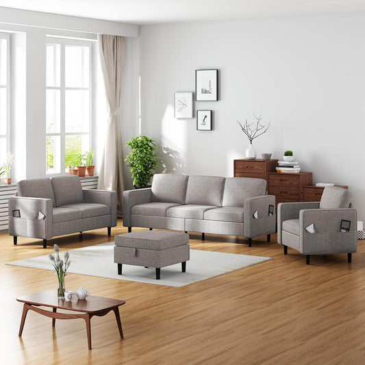 6 Seaters Sectional Upholstered Sofa, Linen Fabric Sofa Couch with Side Pockets, Free Combination Sofa Set with Movable Storage Ottoman, for Living Room-Sofa&Loveseat&Chair&Ottoman,Light Grey - Loft&Timber