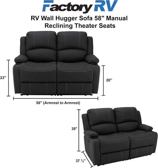 58" Wall Hugger Reclining RV Theater Seats | Double Recliner RV Sofa | RV Couch | Wall Hugger Recliner | RV Theater Seating | RV Furniture (Manual, Black W/White Stiching)-1