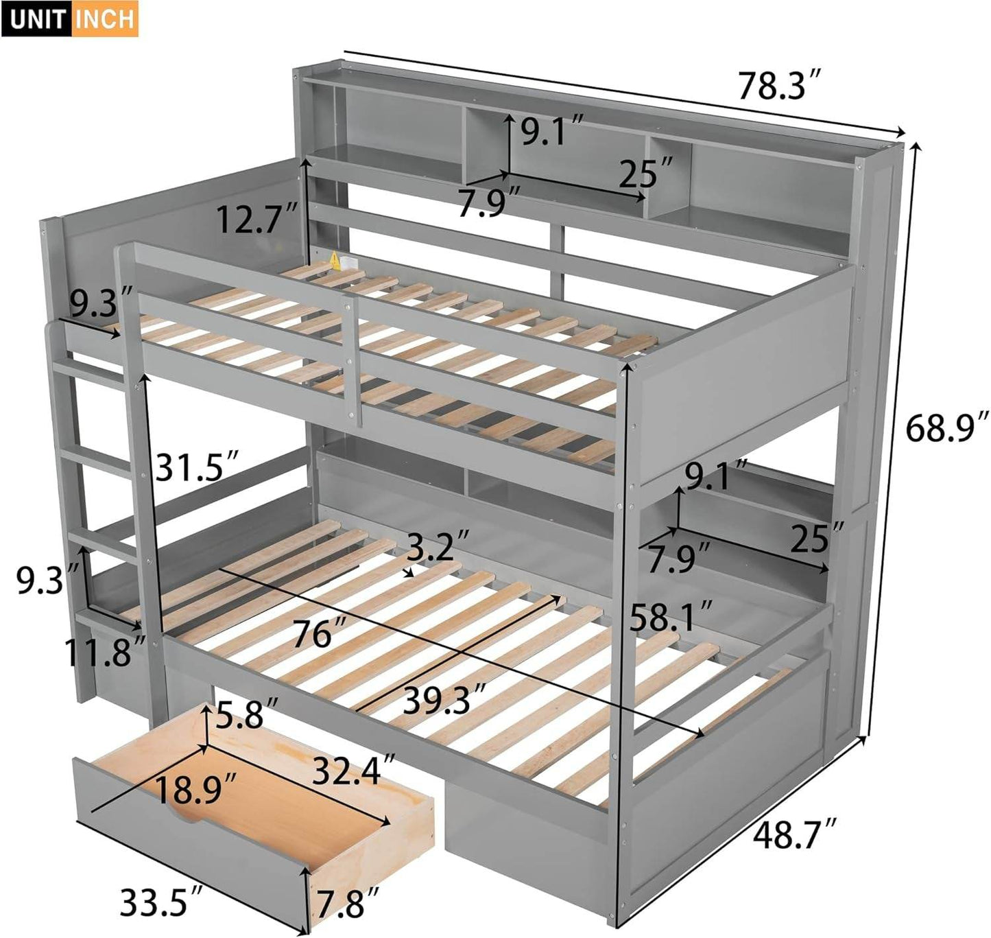 Bunk Bed Twin over Twin with Storage,Wood Twin Bunk Beds with Built-In Shelves beside Both Upper & down Bed,Multi Storage Bunk Beds with Drawer for Kids Girls Boys, Grey - Loft&Timber
