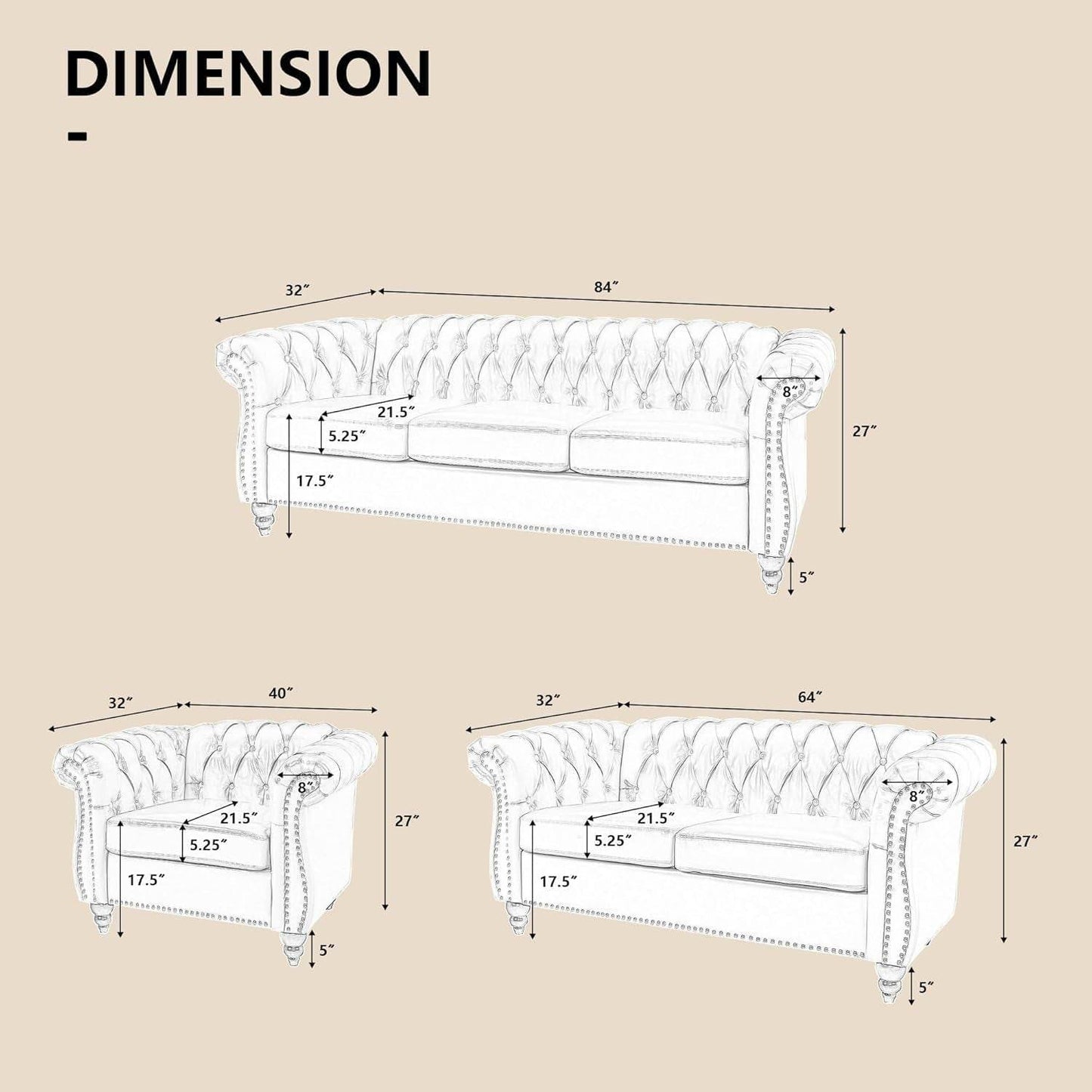 3-Piece Living Room Sectional Sofa Set, Upholstered Sofa Modern Sofa Couches Set Style Button Tufted, Velvet Chesterfield Sofa for Living Room Apartment, 1+2+3 Seat Orange - Loft&Timber