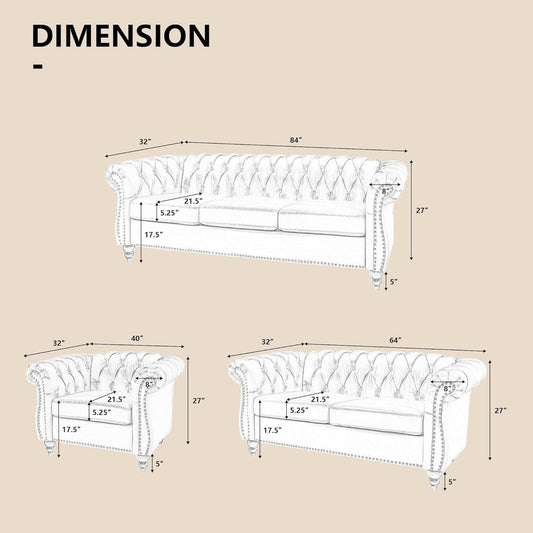 3-Piece Living Room Sectional Sofa Set, Upholstered Sofa Modern Sofa Couches Set Style Button Tufted, Velvet Chesterfield Sofa for Living Room Apartment, 1+2+3 Seat Orange - Loft&Timber