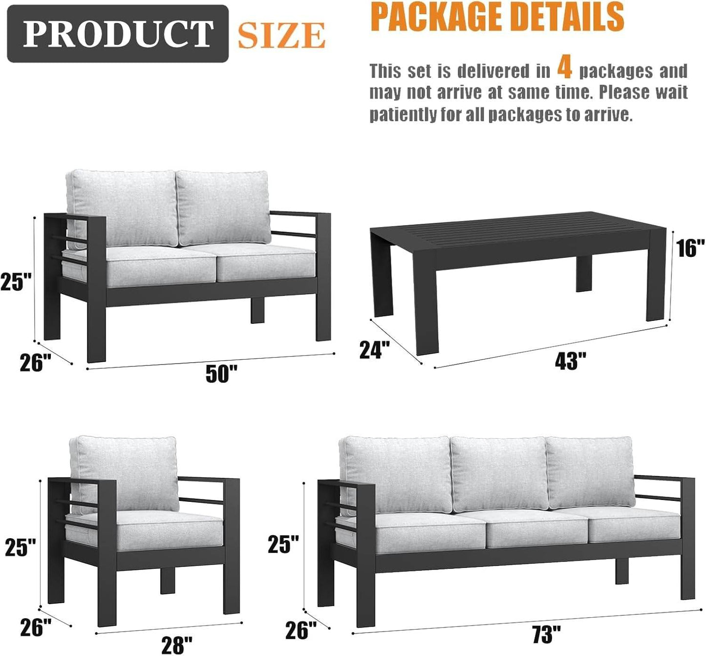 5 Pieces Modern Aluminum Patio Furniture Set, Outdoor Conversation Sets Metal Sectional Sofa with Coffee Table - Loft&Timber
