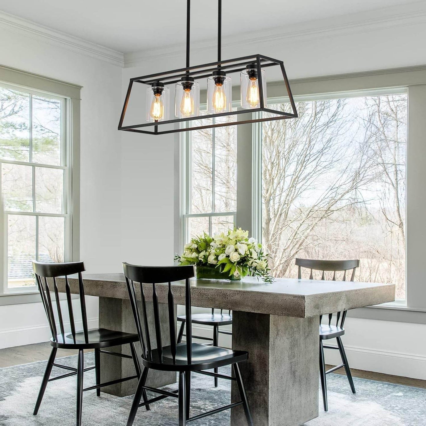 Black Farmhouse Chandeliers for Dining Room, Rustic Kitchen Island Light Fixture, 4-Light Linear Pendant Lights Kitchen Island with Glass Shade ,Apply to Dining Room Light Fixtures over Table - Loft&Timber