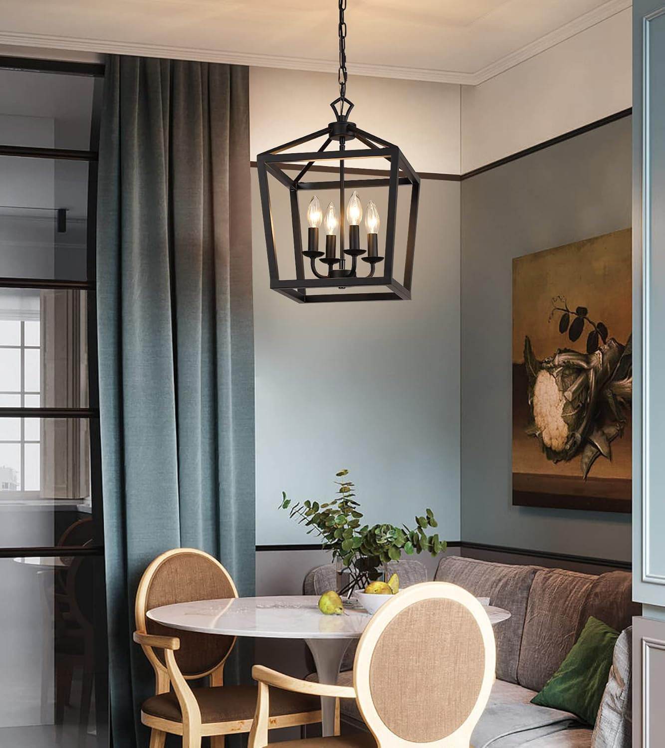 Farmhouse Rustic Black Lantern Chandelier Hanging Light Fixture 4-Lights for Kitchen Island Dining Room Hallway Entryway Foyer UL Listed - Loft&Timber