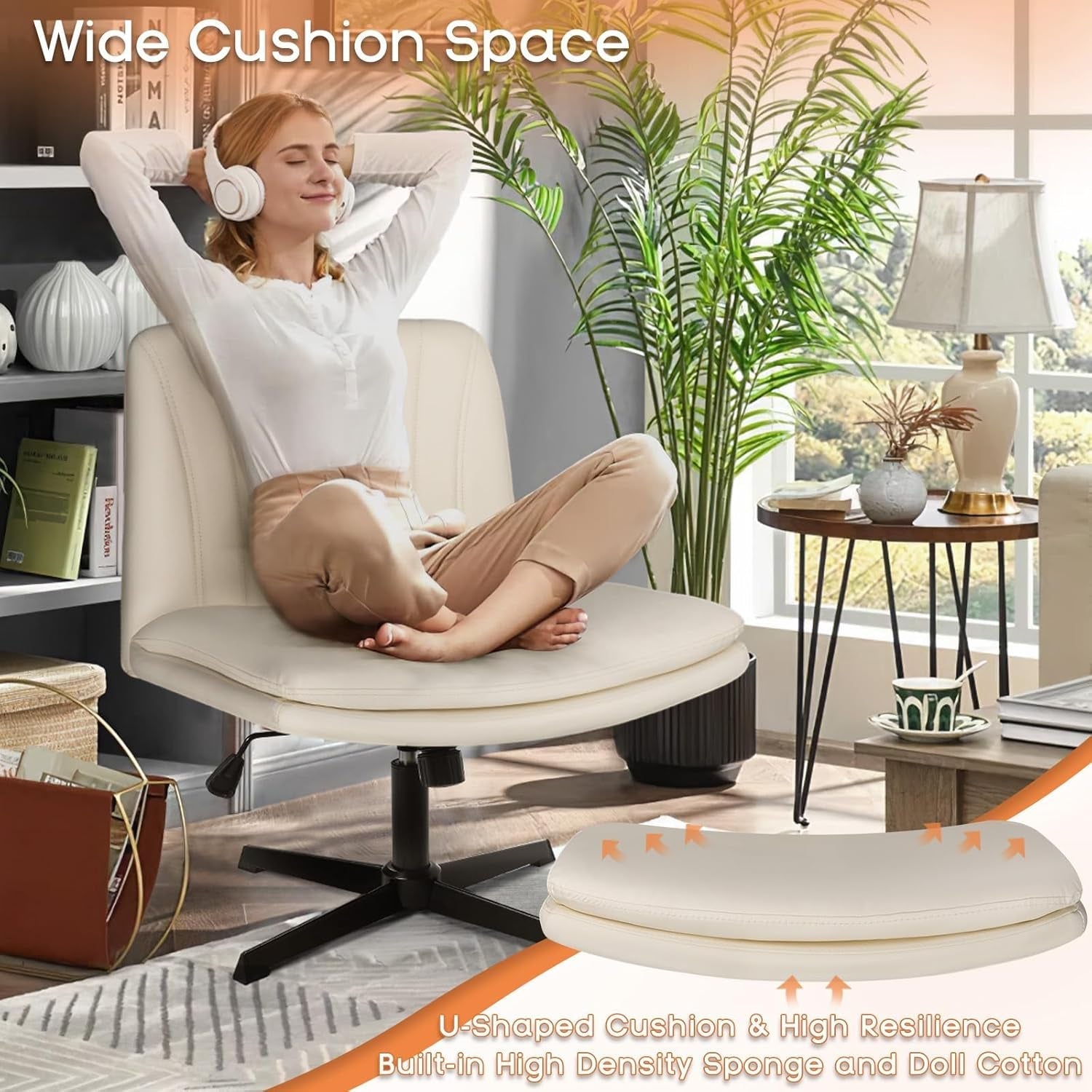 Criss Cross Legged Office Chair,Armless Office Desk Chair No Wheels,Pu Leather Modern Swivel Vanity Chair,Height Adjustable Wide Seat Mid Back Computer Task Chair for Home Office-2