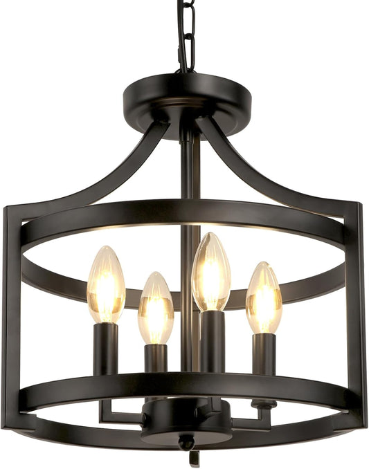 4-Light Farmhouse Chandelier, Modern Hanging Pendant Lighting, Convertible Semi Flush Mount Ceiling Light Fixture Rustic Vintage Black Chandeliers for Dining Room Kitchen Foyer Entryway-1