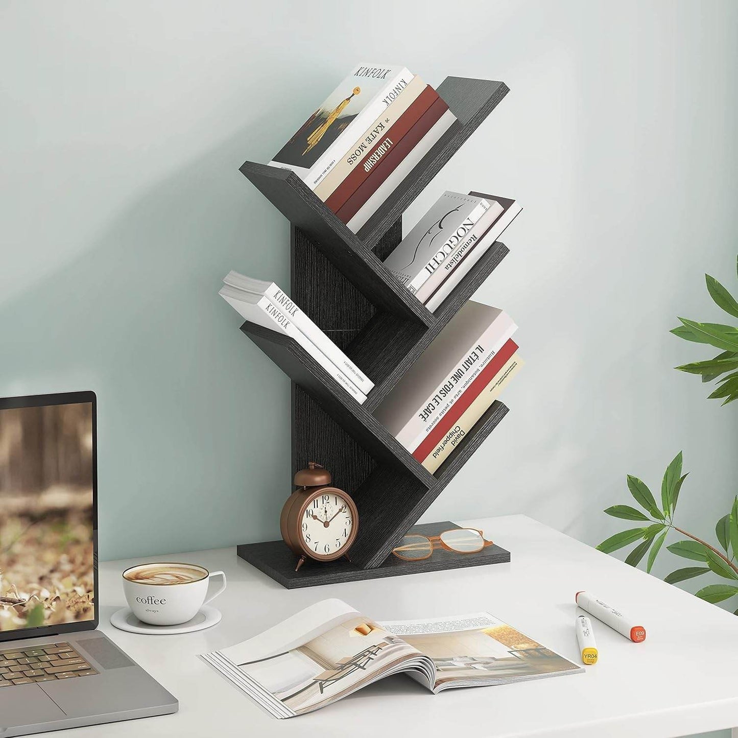 4 Tier Tree Bookshelf, 4 Shelf Bookcase, Free Standing Tree Bookcase, Display Floor Standing Shelf for Books, Book Organizer Shelves for Home Office, Living Room, Bedroom, Black - Loft&Timber