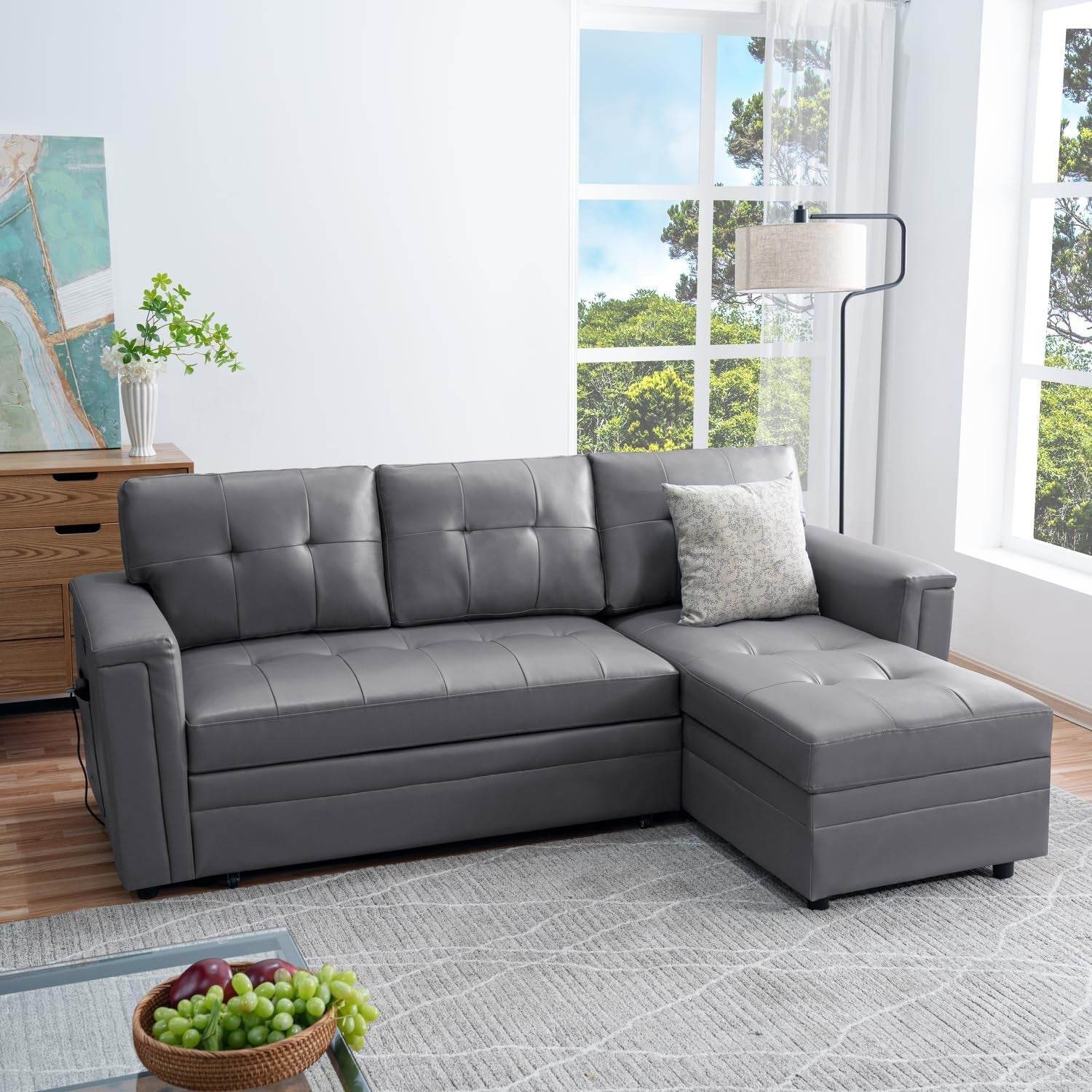 L-Shaped Sectional Sleeper Sofa with USB Ports - Convertible Pull-Out Bed, Ample Storage, Timeless Design, Durable Construction, Gray/Air Leather - Loft&Timber
