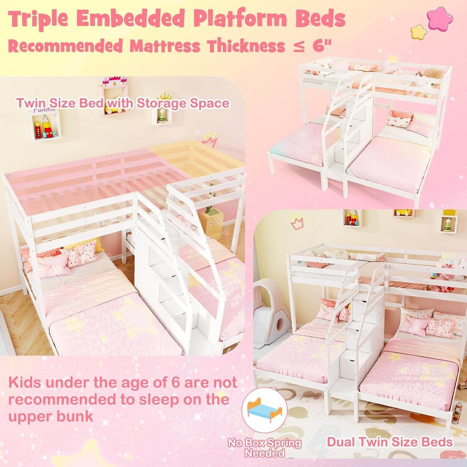 Twin over Twin & Twin Bunk Bed, Triple Bunk Beds with 4-Step Storage Stair, Guardrail & Solid Wood Structure, Wooden 3 Bunk Beds for Kids Teens, No Box Spring Needed, White - Loft&Timber