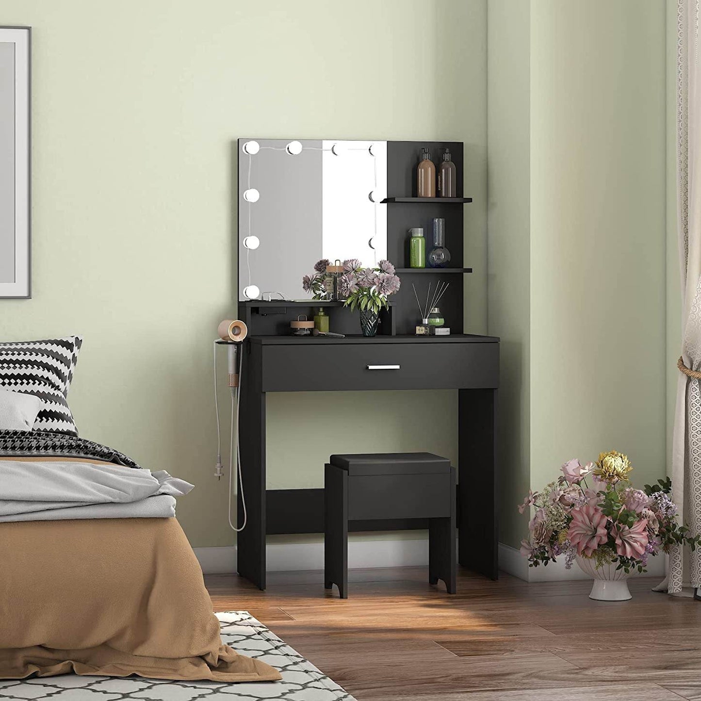 Black Makeup Vanity Table with Lighted Mirror - Loft&Timber