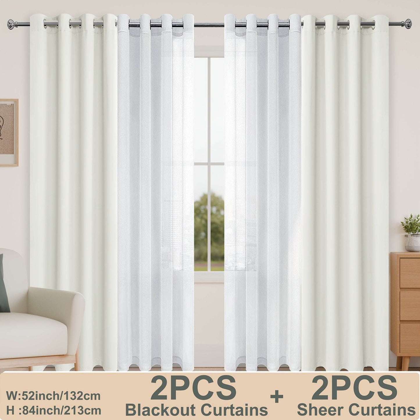 4pcs/SET Curtains - 2pcs Blackout Curtains with Tiebacks And 2pcs Sheer Curtains - Loft&Timber
