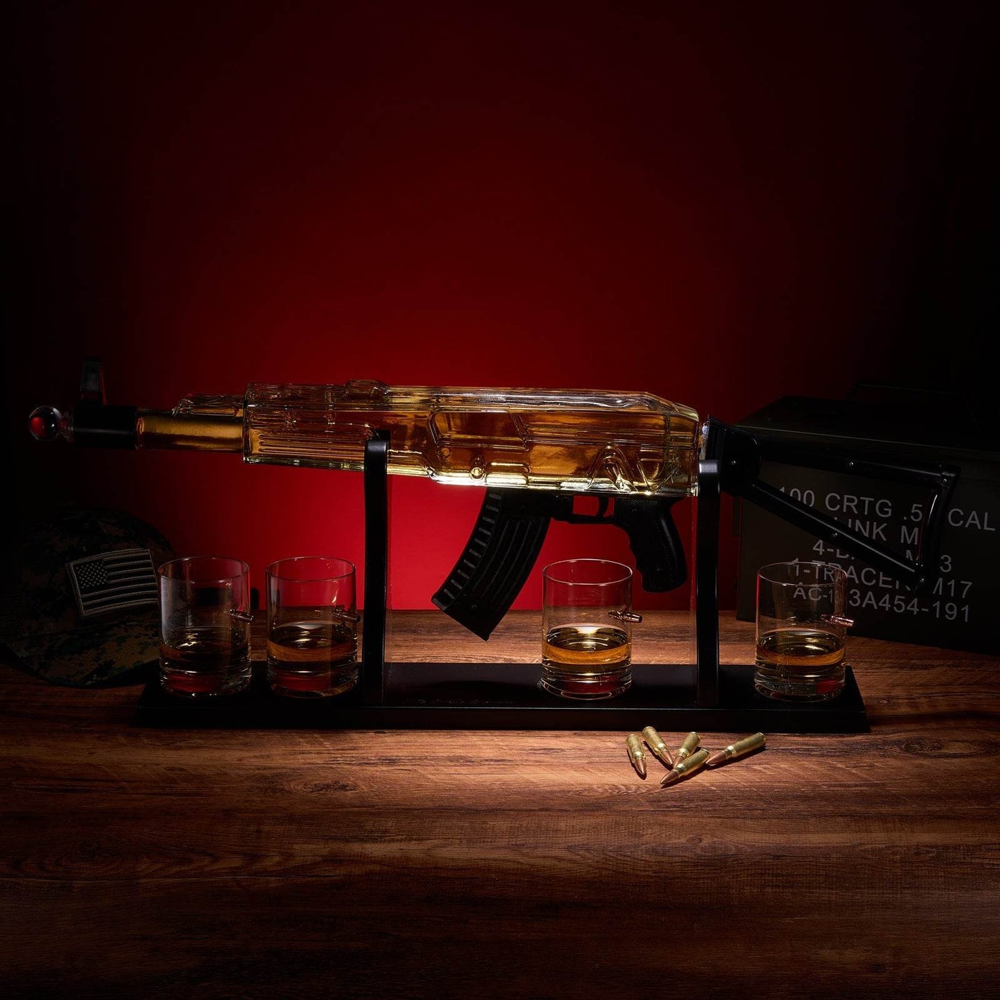 Gun Whiskey Decanter Set - Limited Edition, Silencer Stopper - 710 ml & 4 10.5oz Bullet Glasses - Unique Gift - Drinking Party Accessory, Handmade Gun Liquor Decanter, Tik Tok Gun Decanter, Dad Gift - Loft&Timber