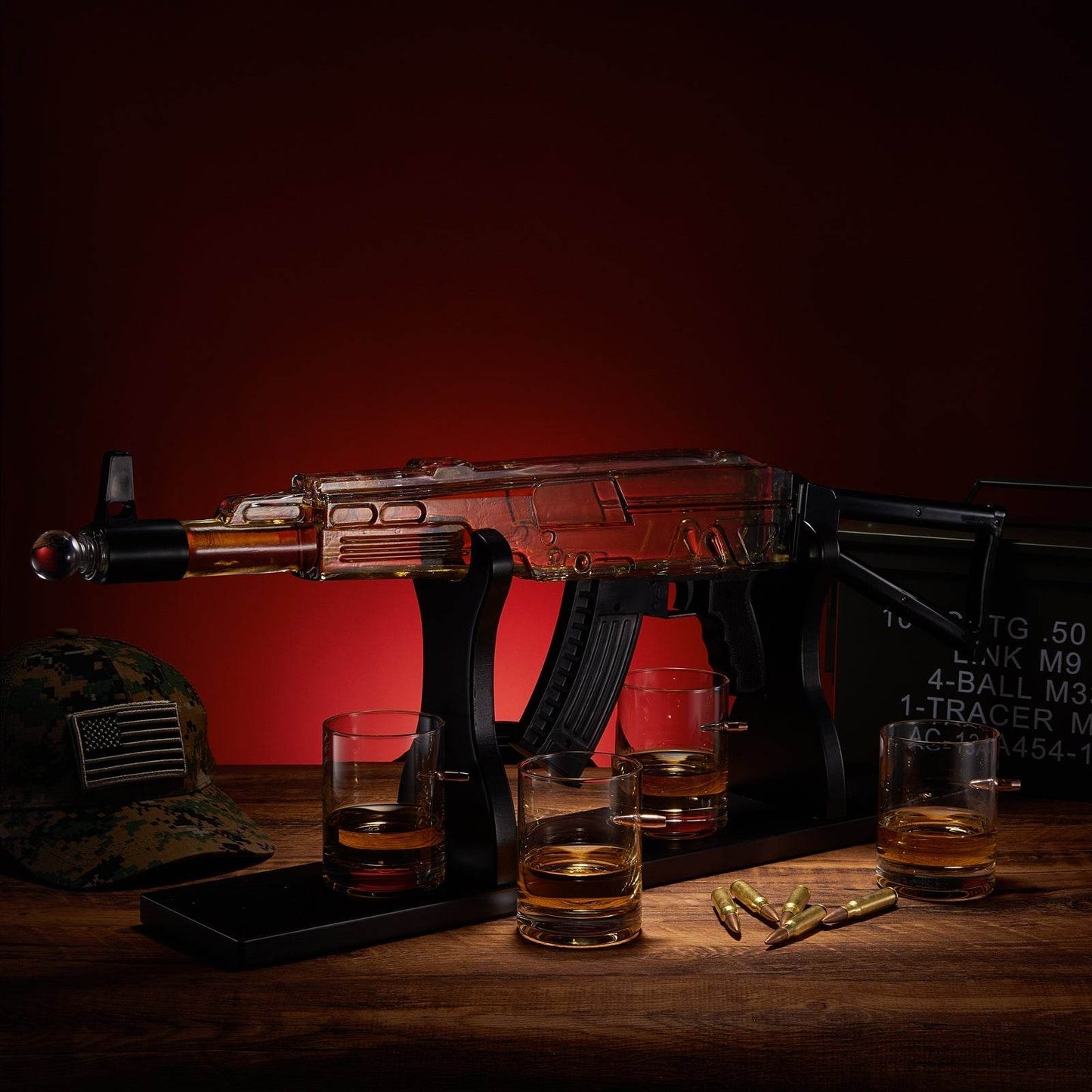 Gun Whiskey Decanter Set - Limited Edition, Silencer Stopper - 710 ml & 4 10.5oz Bullet Glasses - Unique Gift - Drinking Party Accessory, Handmade Gun Liquor Decanter, Tik Tok Gun Decanter, Dad Gift - Loft&Timber