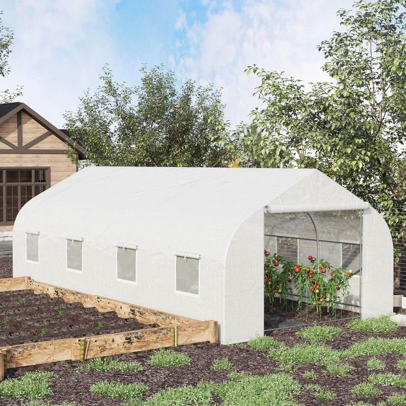 19.5 Ft x 9.8 Ft Outdoor Greenhouse w/ White PE Cover and Heavy Duty Steel Frame - Loft&Timber