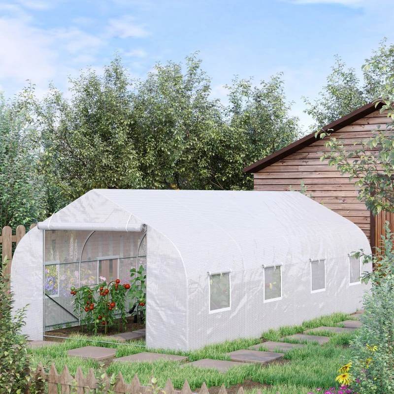 19.5 Ft x 9.8 Ft Outdoor Greenhouse w/ White PE Cover and Heavy Duty Steel Frame - Loft&Timber