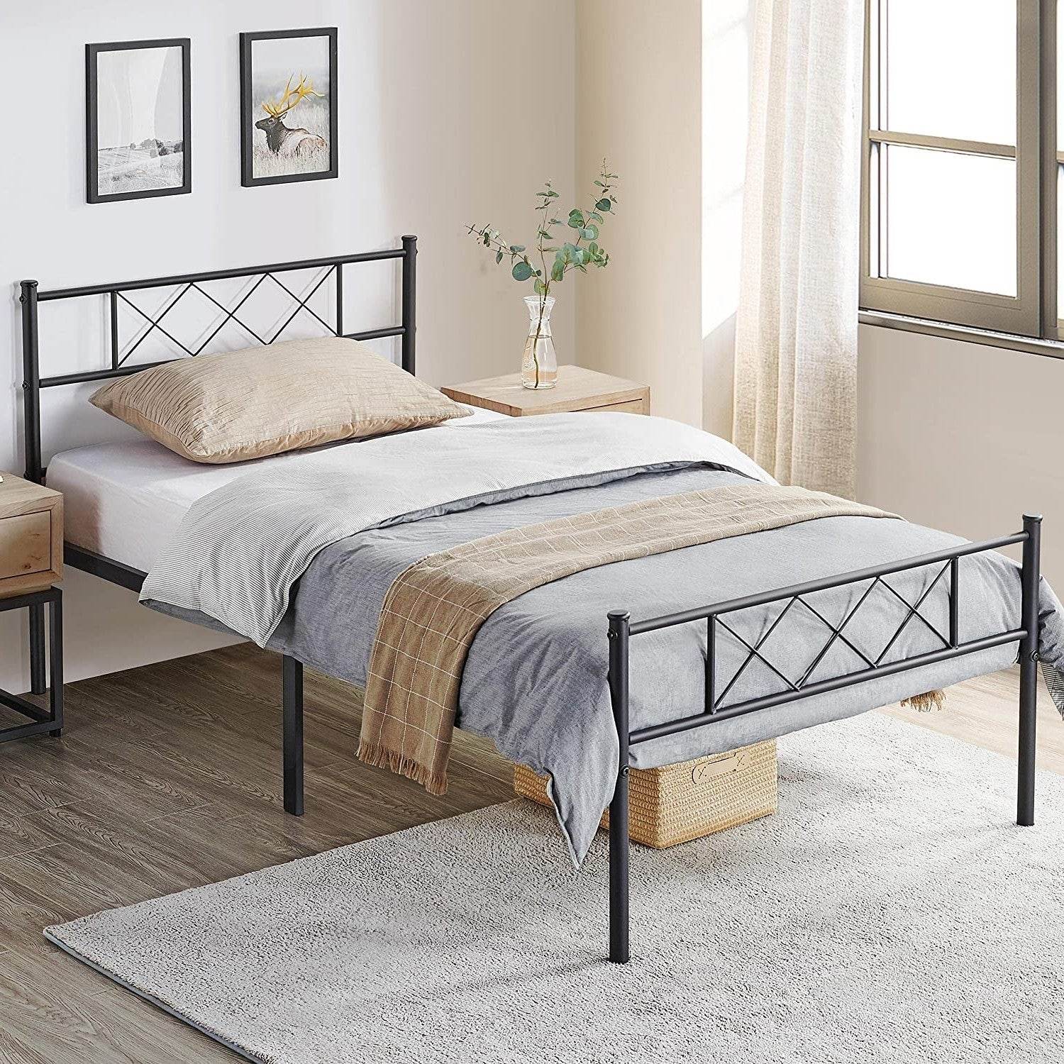 Twin Size Traditional Powder Coated Slatted Metal Platform Bed - Loft&Timber