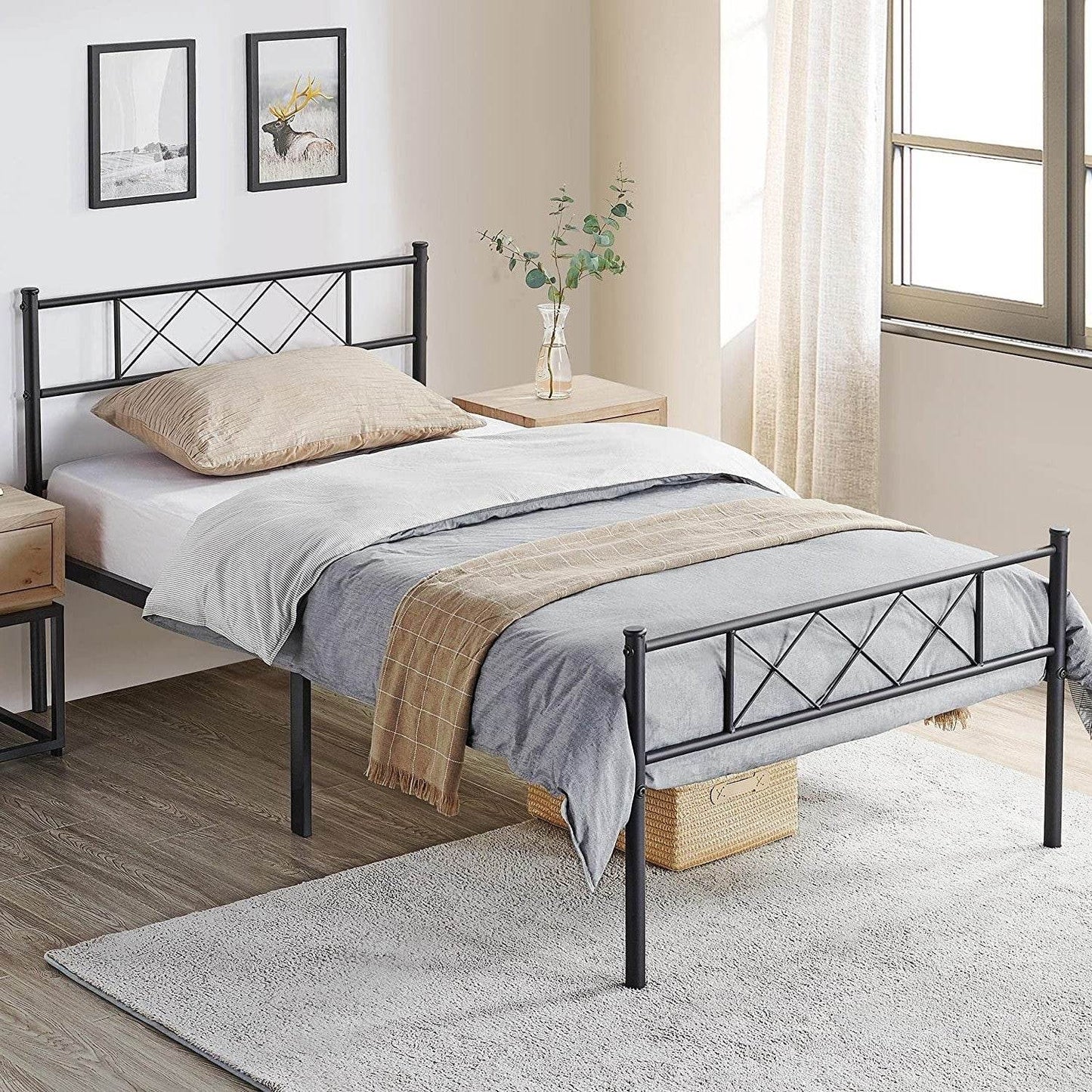 Twin Size Traditional Powder Coated Slatted Metal Platform Bed - Loft&Timber