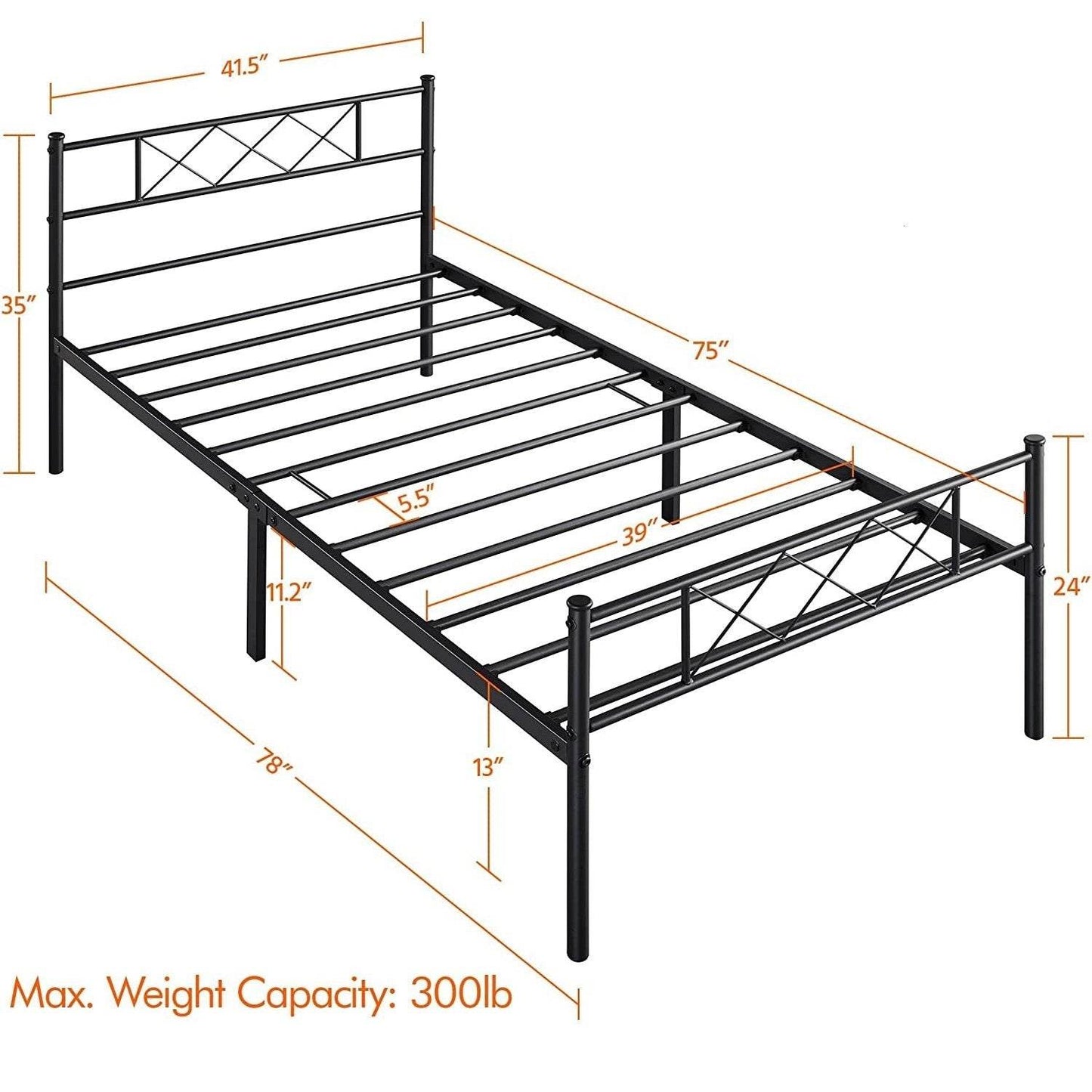 Twin Size Traditional Powder Coated Slatted Metal Platform Bed - Loft&Timber