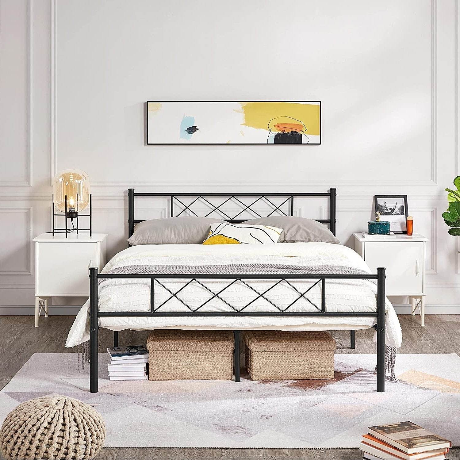 Queen Size Traditional Powder Coated Slatted Metal Platform Bed - Loft&Timber