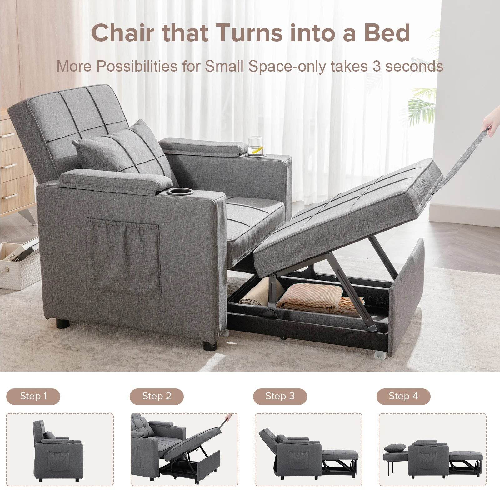 Comhoma Convertible Sofa Bed Armchair with Cup Holders - Loft&Timber