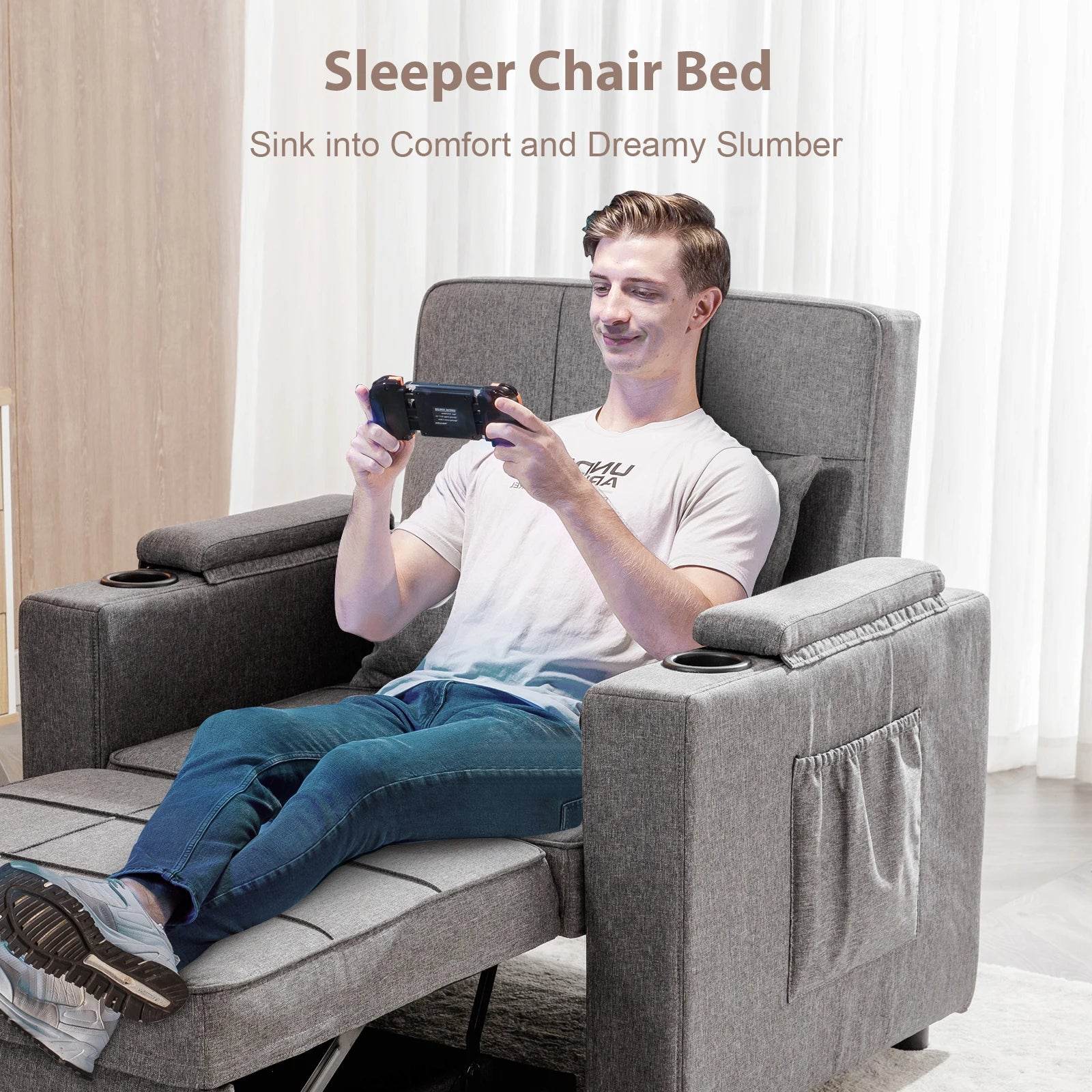 Comhoma Convertible Sofa Bed Armchair with Cup Holders - Loft&Timber