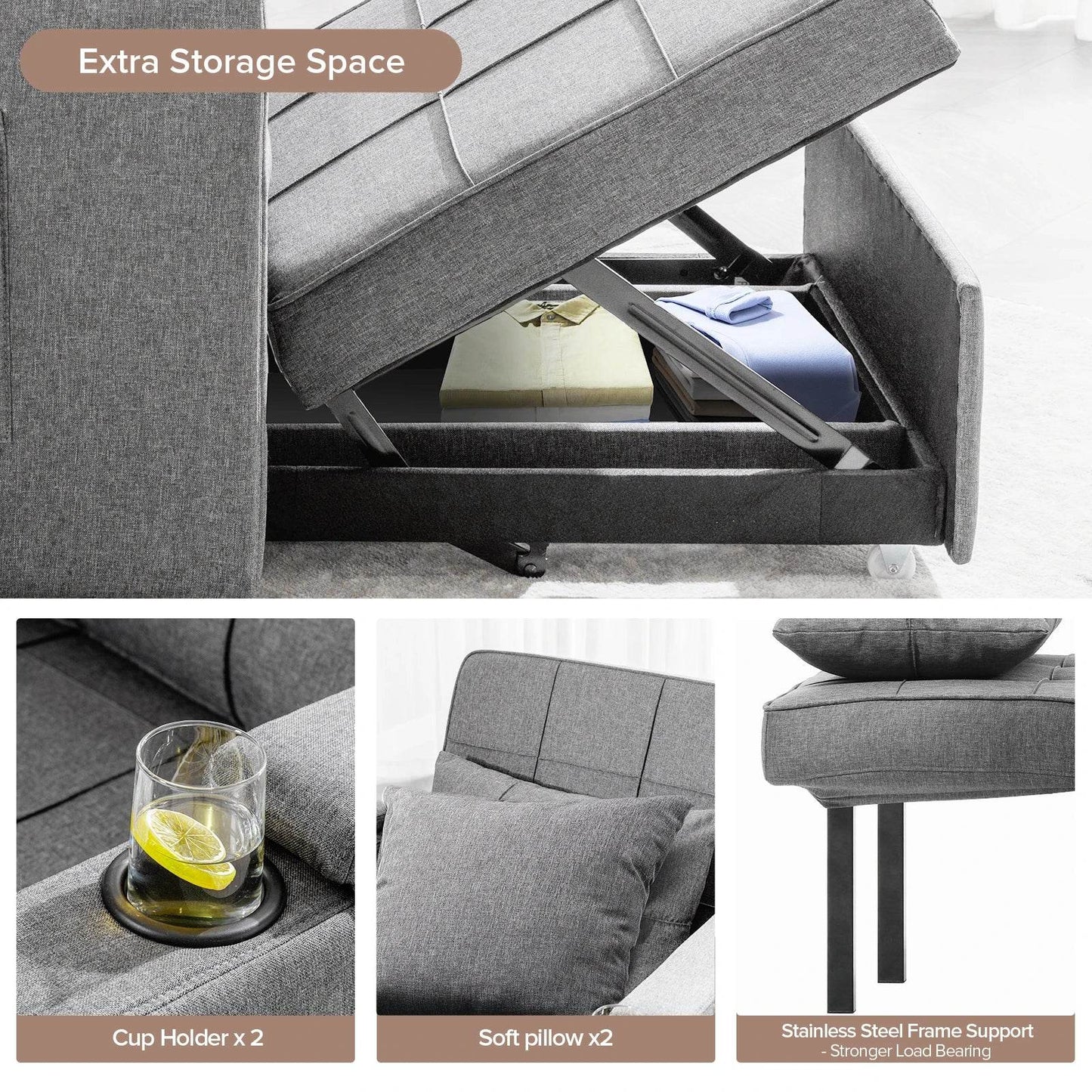 Comhoma Convertible Sofa Bed Armchair with Cup Holders - Loft&Timber