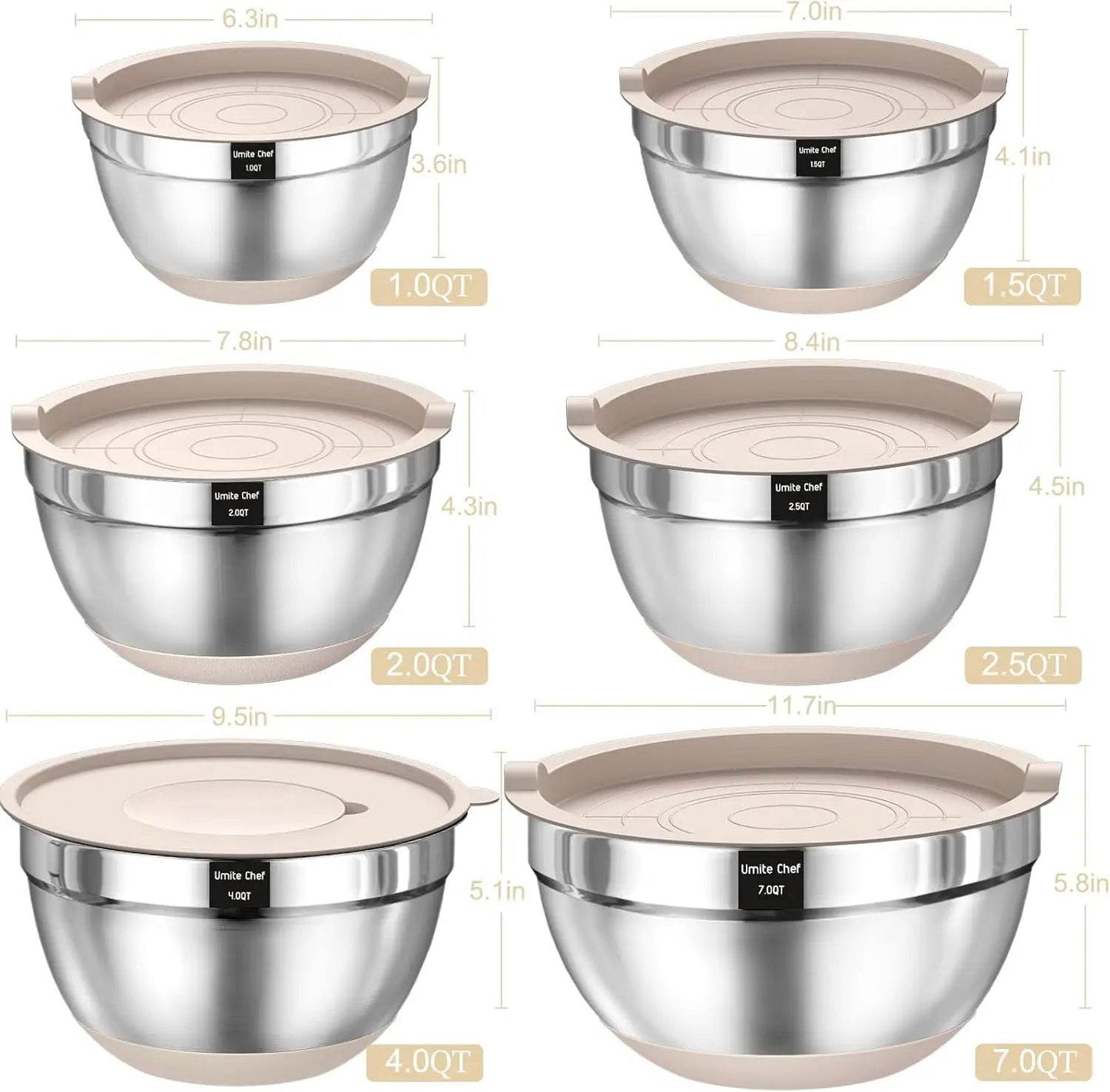 Mixing Bowls with Airtight Lids Set, 26PCS Stainless Steel Khaki Bowls - Loft&Timber