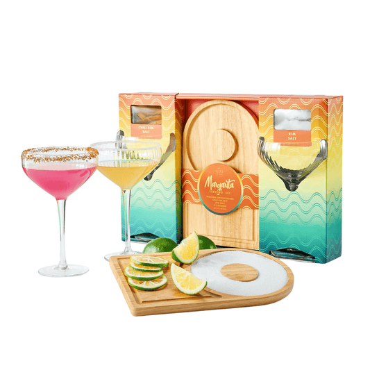 Margarita Glass, Salt & Board Gift Set - Includes 2 Ribbed 12oz Stemmed Glasses, Chili & Regular Salt, Wooden Rimmer Board, Beautiful Gift Box - Gifts for Margarita Lovers, Cocktail Parties, Holiday - Loft&Timber