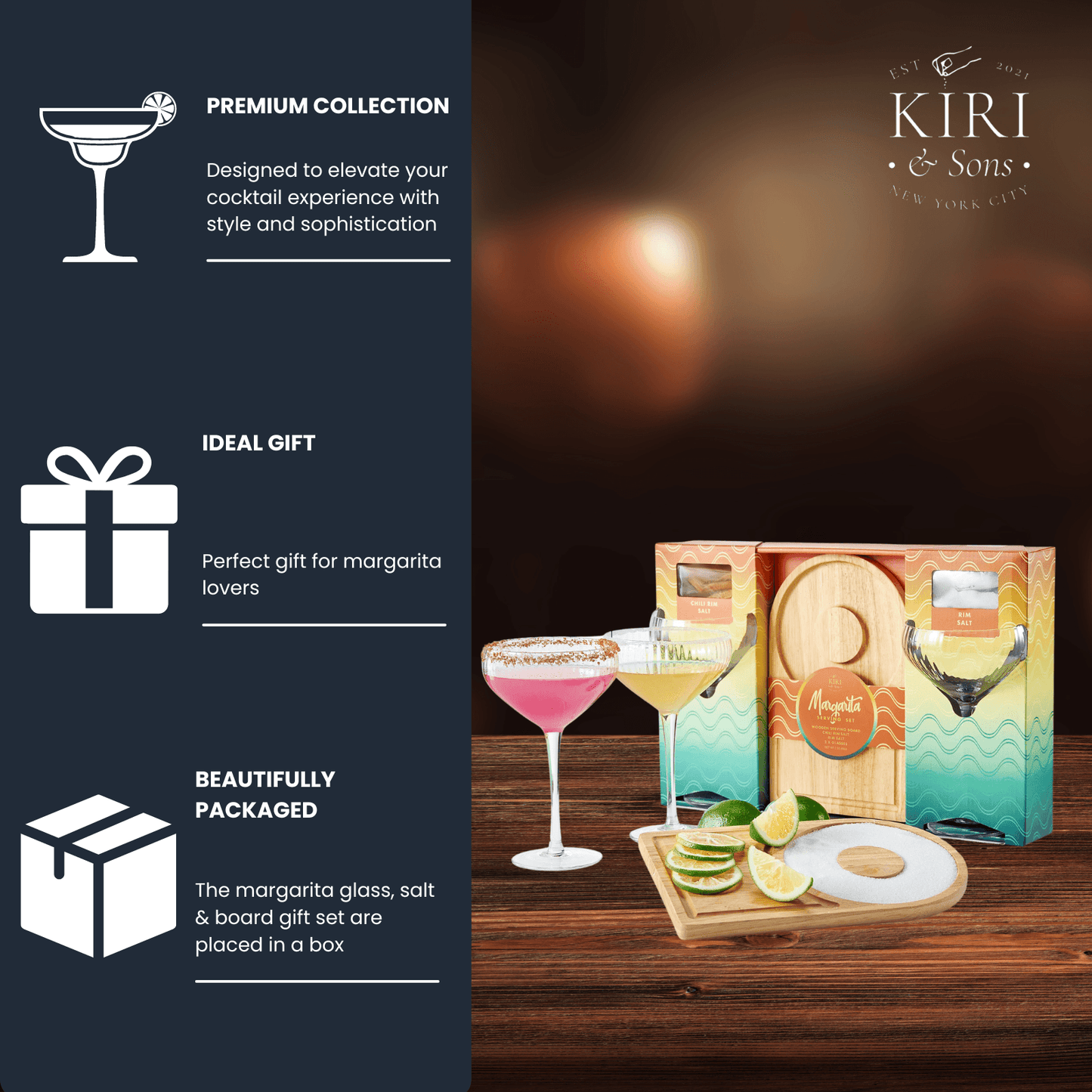 Margarita Glass, Salt & Board Gift Set - Includes 2 Ribbed 12oz Stemmed Glasses, Chili & Regular Salt, Wooden Rimmer Board, Beautiful Gift Box - Gifts for Margarita Lovers, Cocktail Parties, Holiday - Loft&Timber