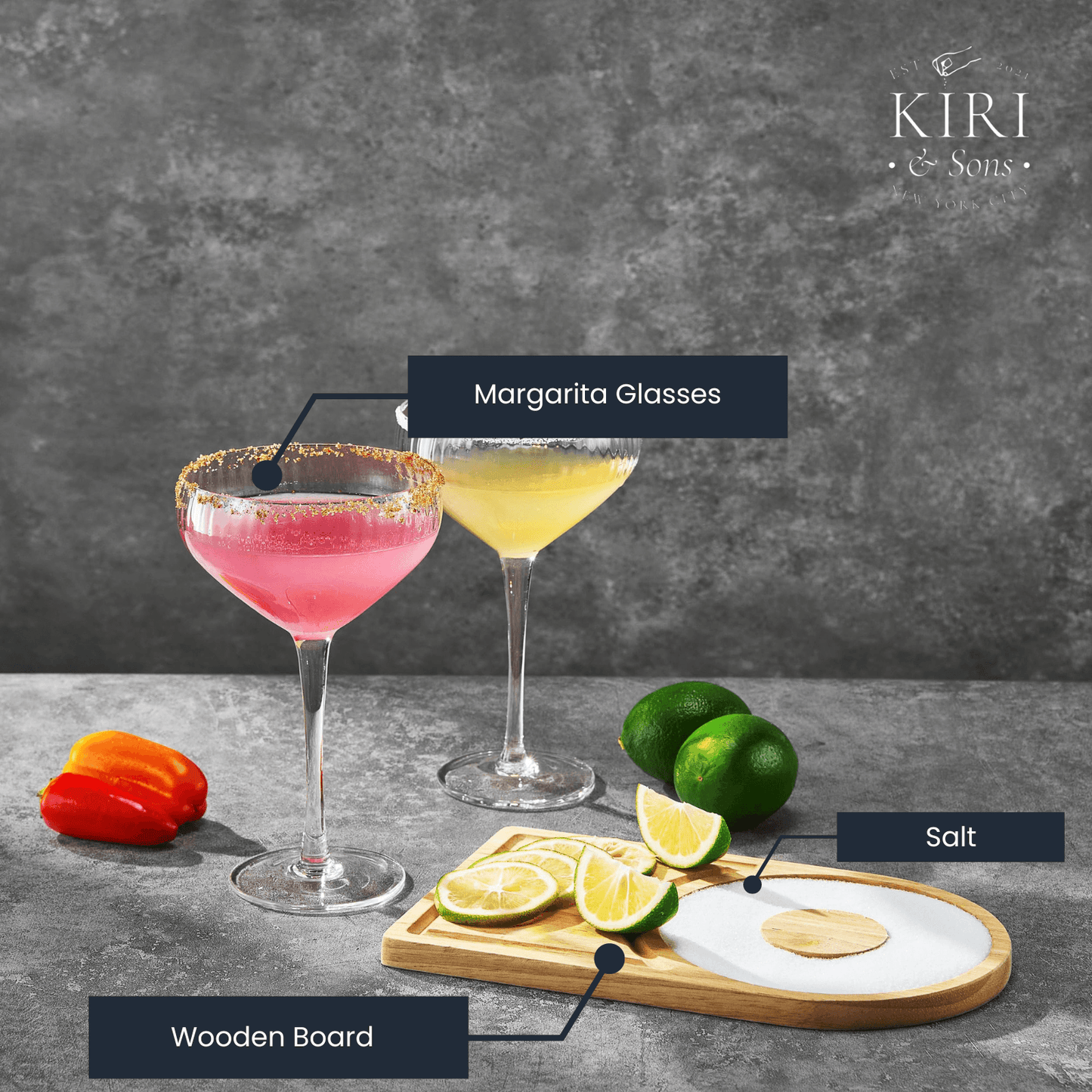 Margarita Glass, Salt & Board Gift Set - Includes 2 Ribbed 12oz Stemmed Glasses, Chili & Regular Salt, Wooden Rimmer Board, Beautiful Gift Box - Gifts for Margarita Lovers, Cocktail Parties, Holiday - Loft&Timber